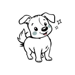 A playful dog wagging its tail, tilting its head curiously with a little star near its ear.