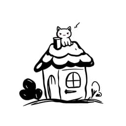 A tiny house with a chimney, surrounded by trees, with a little cat sitting on the roof.