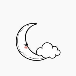 A sleepy crescent moon with closed eyes and a little cloud resting beside it.