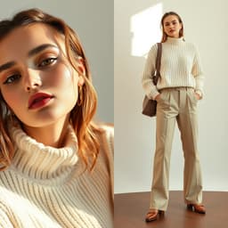 a cozy autumn aesthetic with a cream knit sweater, beige trousers, and warm, diffused lighting