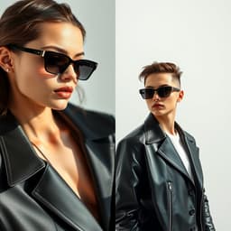 a high-fashion editorial featuring a sleek black leather jacket, bold sunglasses, and a sharp, sophisticated pose