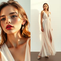 a soft and dreamy look with pastel tones, a flowing chiffon dress, and golden-hour lighting for a delicate and ethereal mood