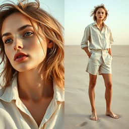 a beachside editorial featuring a linen shirt, relaxed shorts, barefoot on the sand, with natural wind-swept hair