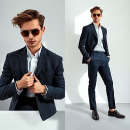 a sophisticated businessman look featuring a tailored navy blue suit, crisp white shirt, and polished dress shoes, exuding confidence and class