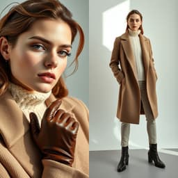 a refined winter aesthetic with a wool overcoat, knit sweater, and leather gloves, captured in soft, diffused lighting for a luxurious feel