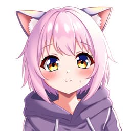 A cute pastel-haired anime girl with big sparkling eyes, wearing a cozy hoodie with cat ears, smiling softly.