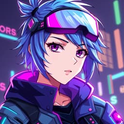 A cyberpunk warrior with neon blue hair, wearing a high-tech visor and a futuristic jacket, illuminated by neon city lights.