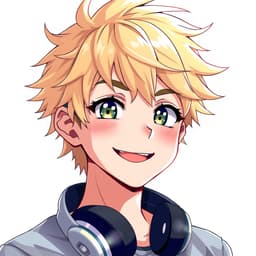 A cheerful anime boy with messy blonde hair, a bright smile, and a pair of stylish headphones resting around his neck.