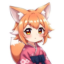 A chibi-style fox girl with fluffy ears and a playful expression, wearing a traditional Japanese yukata with floral patterns.