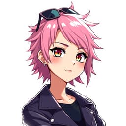 A confident street-style anime girl with short, spiky pink hair, a leather jacket, and cool sunglasses resting on her head.