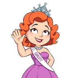 A small-town beauty queen with soft curls, a radiant smile, and a glittering tiara, always waving elegantly while wearing a classic sash and an elegant dress.