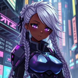 A fierce Black anime girl with long silver braids, glowing violet eyes, and a futuristic armored suit, standing in a neon-lit cyberpunk city.