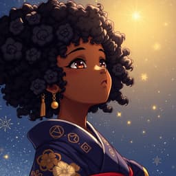 A Black anime girl with curly afro puffs, wearing a celestial-themed kimono with golden embroidery, gazing at the stars with a serene expression.