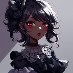 A gothic Black anime girl with dark lipstick, crimson eyes, and a lace choker, dressed in an elegant Victorian-style dress with a mysterious aura.