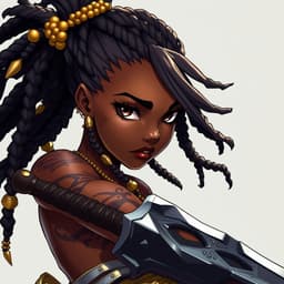 A warrior Black anime girl with tribal tattoos, braided hair adorned with golden beads, and a determined look, wielding a massive enchanted sword.