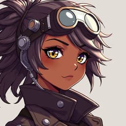 A Black anime girl dressed as a steampunk adventurer, with mechanical goggles, a high-collared coat, and a confident smirk, ready for action.