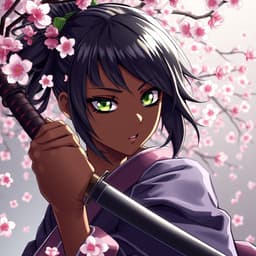 A Black anime girl with piercing green eyes, wearing a samurai-style kimono, gripping a katana as cherry blossoms fall around her.