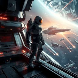 A futuristic sci-fi epic about an intergalactic war, featuring a battle-ready space commander standing on the deck of a massive spaceship, overlooking a cosmic battlefield filled with laser beams and alien warships.