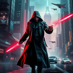 A high-octane cyberpunk action thriller set in a neon-lit dystopian city, featuring a lone warrior in a trench coat, wielding dual energy katanas against a backdrop of futuristic skyscrapers and flying cars.