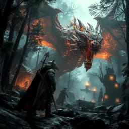 A dark fantasy adventure set in an enchanted forest, where an armored warrior faces a colossal fire-breathing dragon, surrounded by ancient ruins and glowing magical symbols.