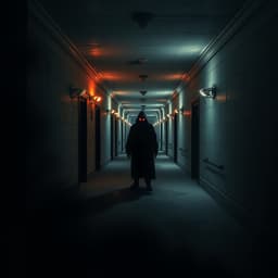 A psychological horror film about a haunted asylum, featuring an eerie long corridor, flickering lights, and a shadowy figure with glowing red eyes standing at the far end