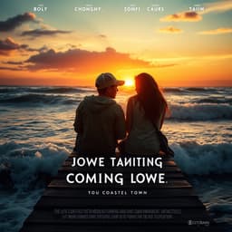 A heartwarming coming-of-age drama set in a small coastal town, featuring two childhood friends sitting on a wooden dock at sunset, with waves gently crashing behind them as they share a heartfelt conversation