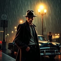 A neo-noir detective thriller set in 1950s Los Angeles, featuring a fedora-wearing private investigator standing in the rain under a flickering streetlamp, with a classic car and a femme fatale in the background