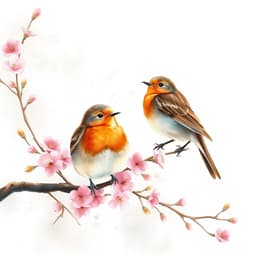 Charming Watercolor Robins Perched on Flowering Branches