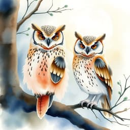 Majestic Watercolor Owls in Moonlit Woodlands