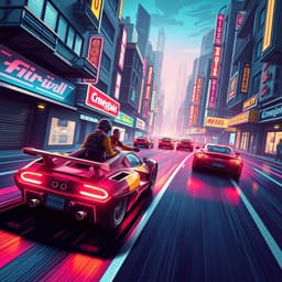 a retro arcade-style racing game set in neon-lit city streets, featuring futuristic vehicles and high-speed pursuits