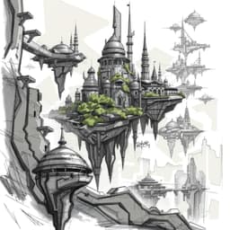 A futuristic floating metropolis built on interconnected sky islands. Show various architectural styles blending nature with high-tech elements. Explore different angles and atmospheric perspectives.
