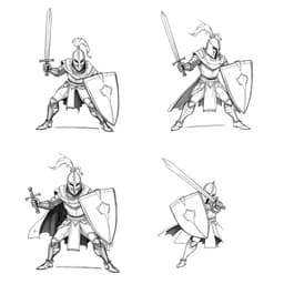 A brave knight in different battle poses, holding a sword and shield.