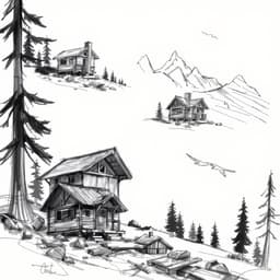 Quick concept sketches of a wooden cabin in the mountains, focusing on composition and perspective.