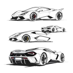 Silhouette sketches of a high-speed sports car, exploring different angles and proportions.