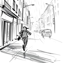 Quick sketch of a person running through a rainy street, using simple strokes to capture motion