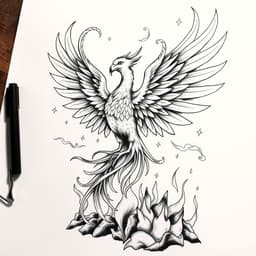 A phoenix rising from ashes in blackwork tattoo style, with fine line details, dynamic wing spread, swirling smoke, and flames, symbolizing rebirth and transformation.