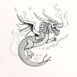 A majestic dragon soaring through the sky in a neo-traditional tattoo style, with bold outlines, dynamic movement, and intricate scale details. Wisps of fire and swirling wind add energy to the composition, symbolizing power and wisdom