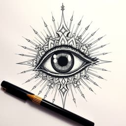 A surreal all-seeing eye surrounded by celestial elements in dotwork tattoo style, with detailed iris textures, intricate shading, and radiating cosmic rays. The design represents perception, wisdom, and the mysteries of the universe.