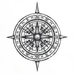 A Viking Vegvísir compass in Nordic tattoo style, with symmetrical rune engravings, weathered stone textures, and intertwined Norse symbols. The composition represents guidance, protection, and the spirit of exploration