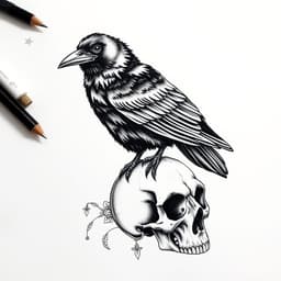 A detailed raven perched on a skull in a dark illustrative tattoo style, with fine feather details, haunting eye expressions, and gothic-style ornamental elements. The artwork conveys themes of fate, mystery, and intelligence