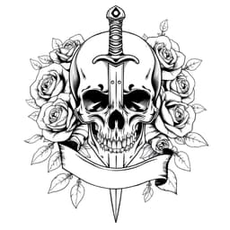 A detailed skull with a dagger piercing through it, surrounded by blooming roses and a flowing banner.