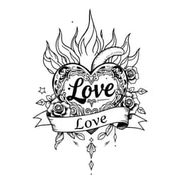 A traditional heart with flames, adorned with a banner that reads "Love" and decorated with stars and roses.