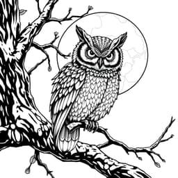 A large, intricate owl perched on a tree branch, with detailed feathers and a full moon in the background.