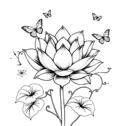 A simple yet elegant lotus flower surrounded by flowing vines and a few small butterflies.