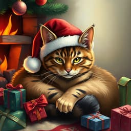 a Christmas-themed cat wearing a Santa hat curled up by a fireplace with gifts around