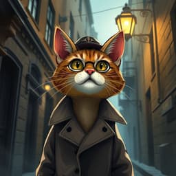 a detective cat in a trench coat under a lamppost in a noir-style alley
