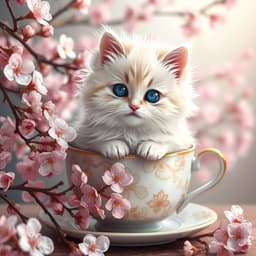 a fluffy white kitten sitting in a teacup surrounded by cherry blossoms