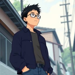 A tall man with short black hair and glasses, wearing a navy blue jacket and casual jeans, looking thoughtfully into the distance