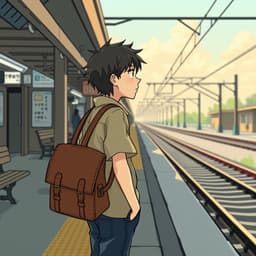 A teenage boy in a hand-me-down shirt and worn satchel, standing on a train platform looking into the distance with hope and hesitation.