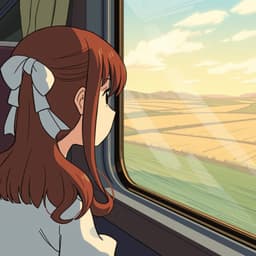 A girl with a ribbon in her hair, staring out the window of a moving train, her reflection flickering across the glass as fields rush by.
